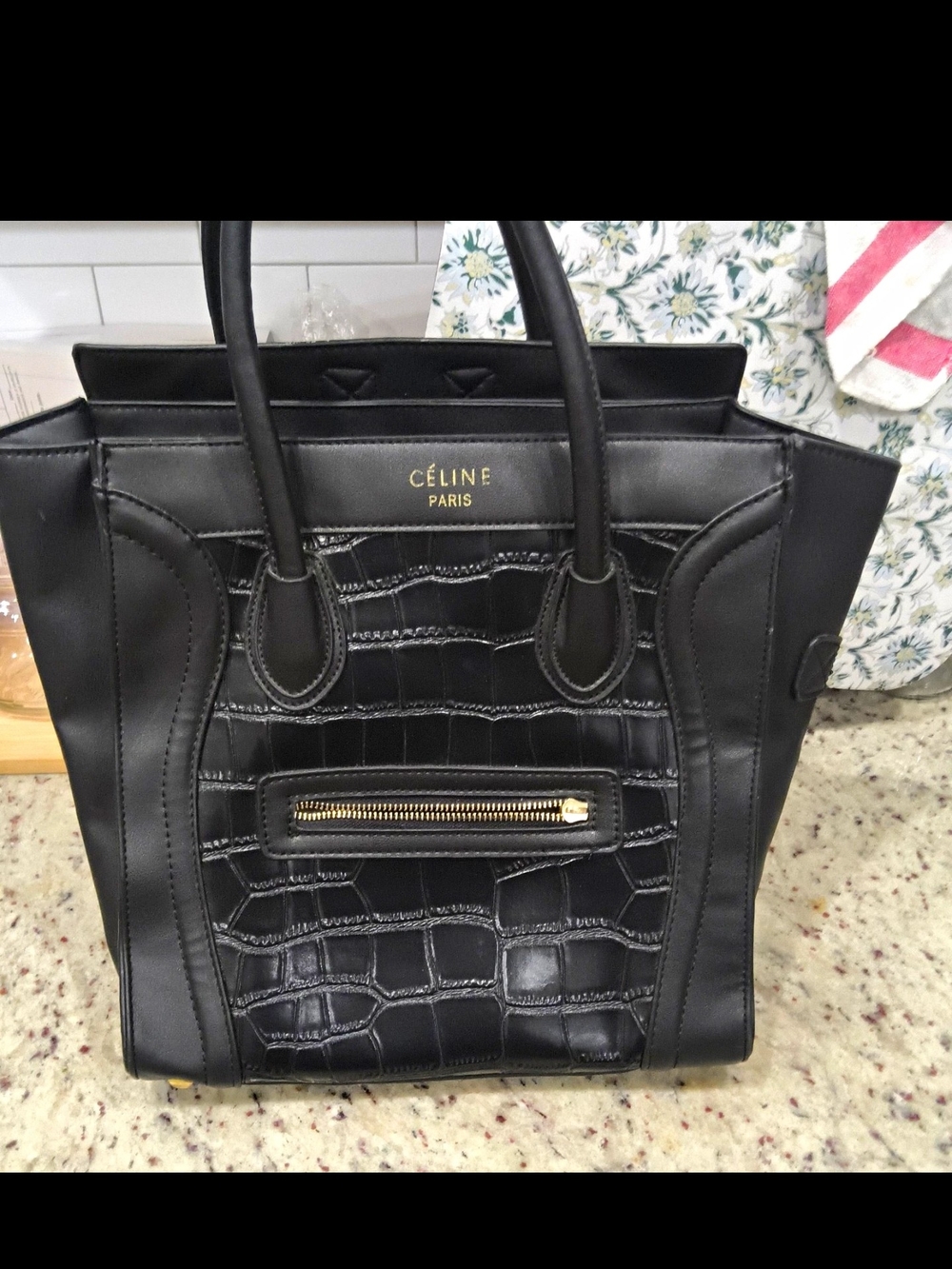 Celine Black Croc-Embossed Small Luggage Tote with Gold Hardware